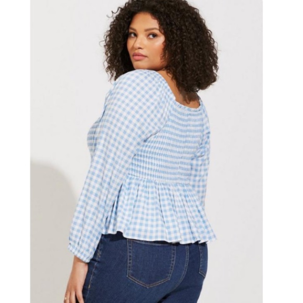 Torrid Rayon Slub Smocked Bodice Long Sleeve Crop Top Blue Gingham Size 3X - Picture 2 of 9